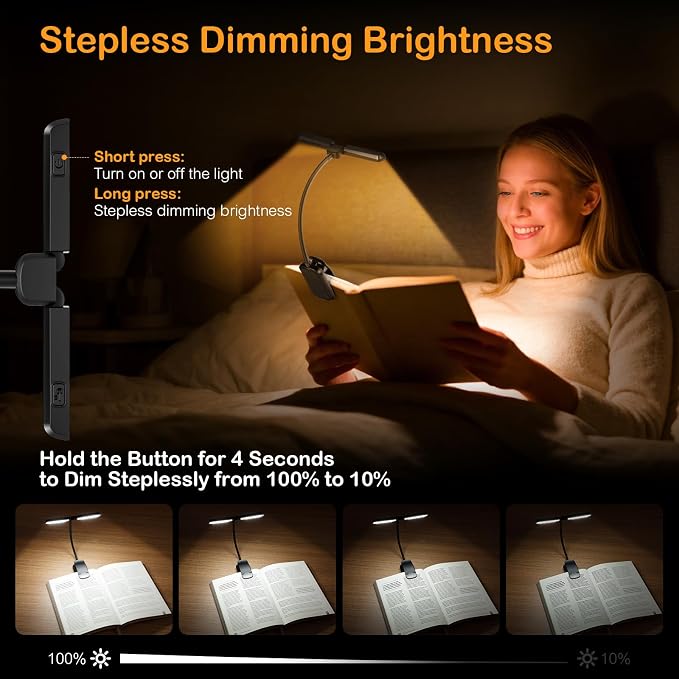 18 LED Rechargeable Book Light for Reading in Bed, Reading Light for Night | Eye Caring 3 Color Temps, Stepless Dimming, Brightness Memory, 70 Hrs Runtime, Clip on Light for Book Lovers Gift, Black