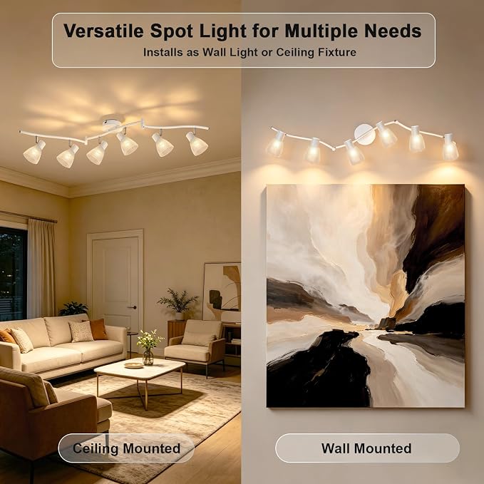 HiBay 6-Light Track Lighting White, Flexible Ceiling Fixture w/Glass Shade | Modern Flush Mount Track Spot Lights Indoor for Kitchen, Living Room, Dining Room, E12 Base, No Bulbs
