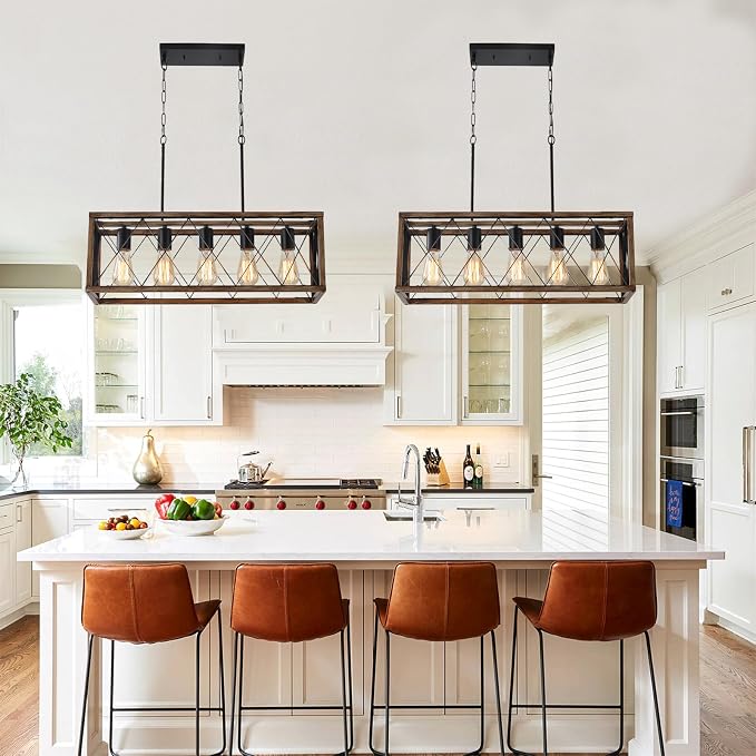KEESFU 5-Light Farmhouse Chandeliers for Dining Room, Kitchen Island Lights | Farmhouse Light Fixtures with Adjustable Height; Dining Room Light Fixture for Table & Over Sink; Wood Grain color;E26 Base