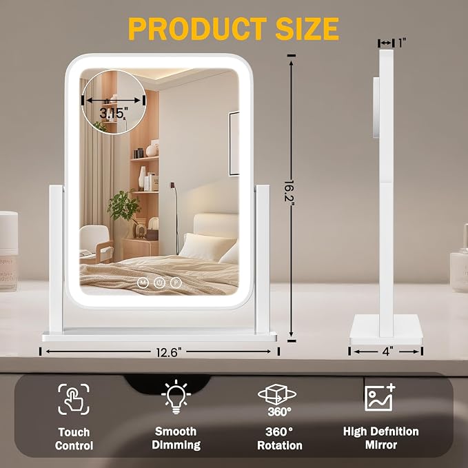 Vanity Mirror with Lights 12.6"x 16.2", LED Makeup Mirror, 3 Color Lighting Modes, 10X Magnification, Smart Touch Control, Dimmable, Aluminum Metal Frame, Lighted Up for Vanity Desk (White)