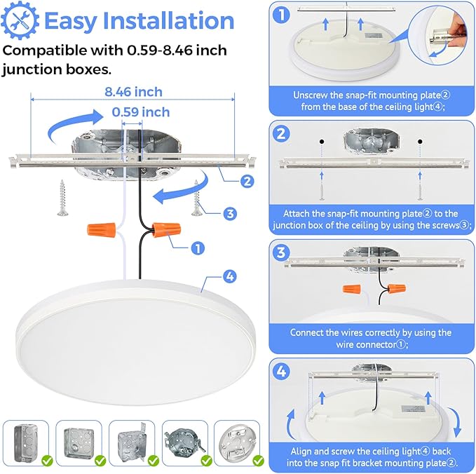 SunRider 2-Pack LED Flush Mount Ceiling Light Fixture with Night Light, 5000K Daylight White, 12 Inch 24W 2400LM Round Dimmable Flat Ceiling Lamp