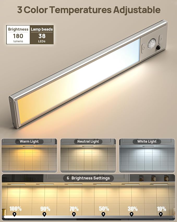 9inch Under Cabinet Lighting with Remote, Rechargeable LED Motion Sensor Light Indoor, Closet Lights Wireless, 3 Color Temps & Dimmable, Magnetic Under Counter Lights for Kitchen, Stairs, 4 Pack