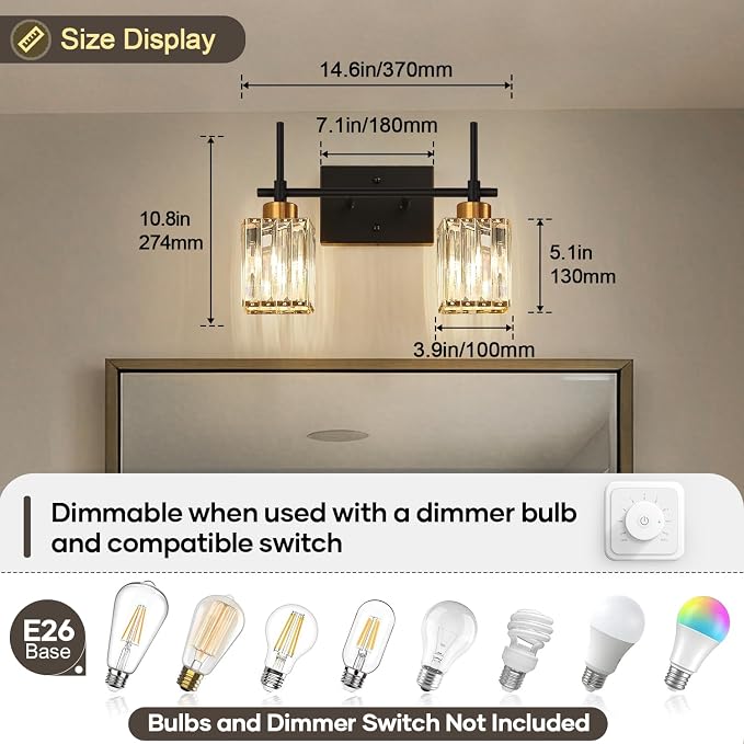 Torondo Modern Crystal Bathroom Vanity Light 2-Lights Gold Bathroom Light Fixtures Over Mirror Black and Gold Vanity Lighting Fixtures Gold Square Shade Brass Wall Sconce (Bulbs Not Include)