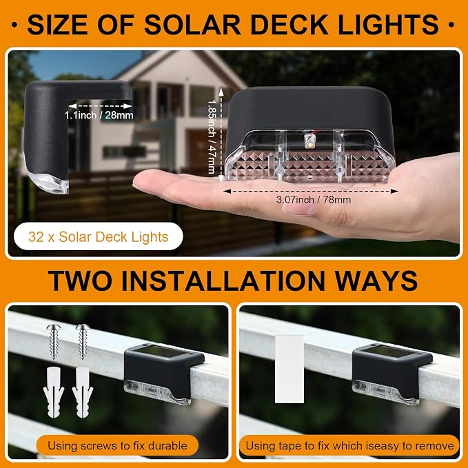 32 Pcs Solar Deck Lights Outdoor, Waterproof LED Solar Step Fence Lights for Stairs, Step, Railing, Patio, Driveway, Garden, Pathway and Yard (Black Shell Warm White Light)