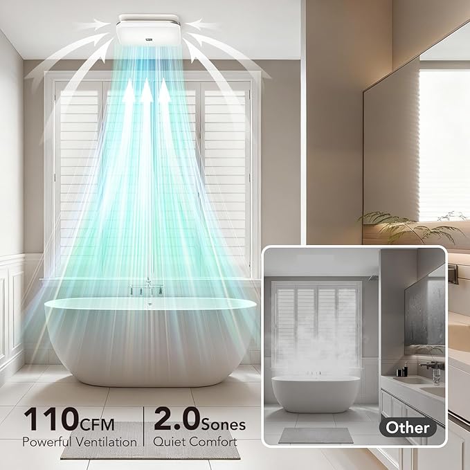 OREiN Matter Smart Bathroom Exhaust Fan with Light, 110 CFM Quiet Bathroom Fan, Tunable White 2700K–6500K & RGB Mood Lighting, Easy Installation, Remote Control, No Speaker, Works with Alexa & Google