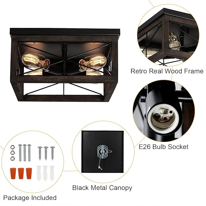 Wooden Flush Mount Ceiling Light, 4-Light Rustic Farmhouse Light Fixtures, Industrial Square Ceiling Light Fixture with E26 Socket for Kitchen Entryway Living Room Dining Room Bedroom