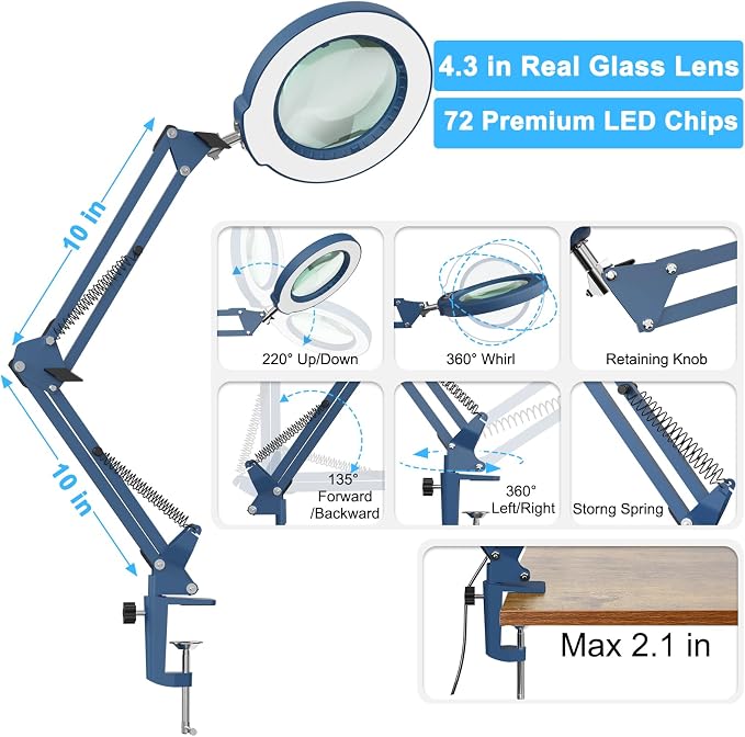 10X Magnifying Glass with Light and Clamp, Real Glass Stand Lighted Magnifier, 5 Color Modes Stepless Dimmable LED Desk Lamp Hands Free for Crafts Hobby Reading Painting Sewing Close Work - Blue
