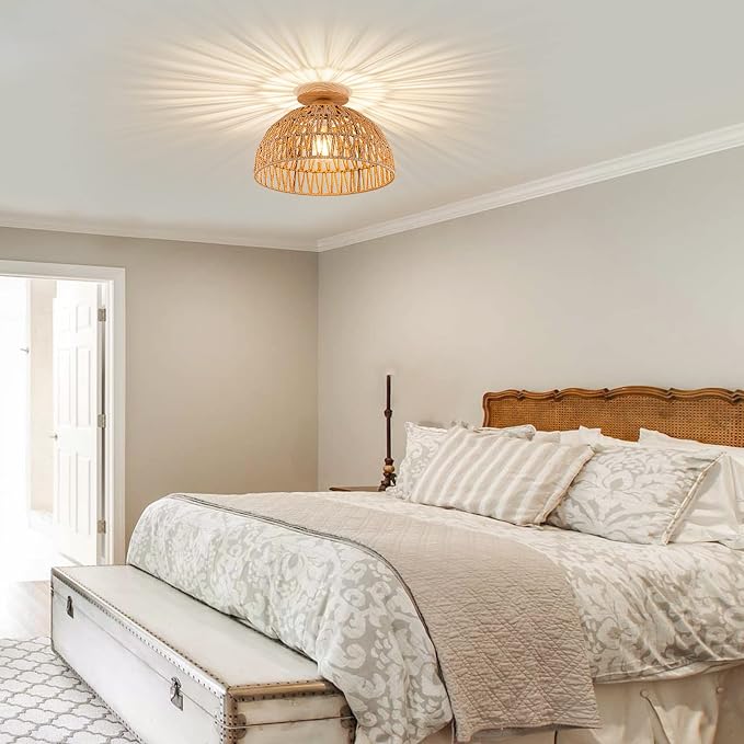 Boho Rattan Ceiling Light Fixtures Boho Lamp Shade Flush Mount Ceiling Light Hand-Woven Small Chandelier Wooden Base Chandelier Light for Hallway Bedroom Kitchen Nursery