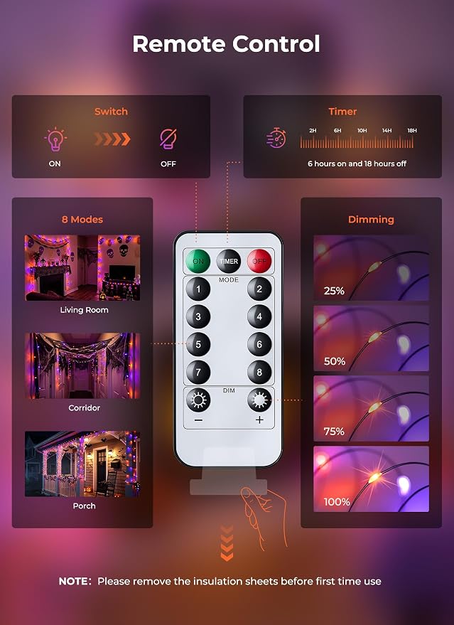 Halloween Fairy Lights Plug in, 33Ft 100 LED USB Twinkle String Lights with Remote and Timer, Waterproof 8 Modes for Home Party Haunted House Indoor Outdoor Halloween Decorations, Orange & Purple