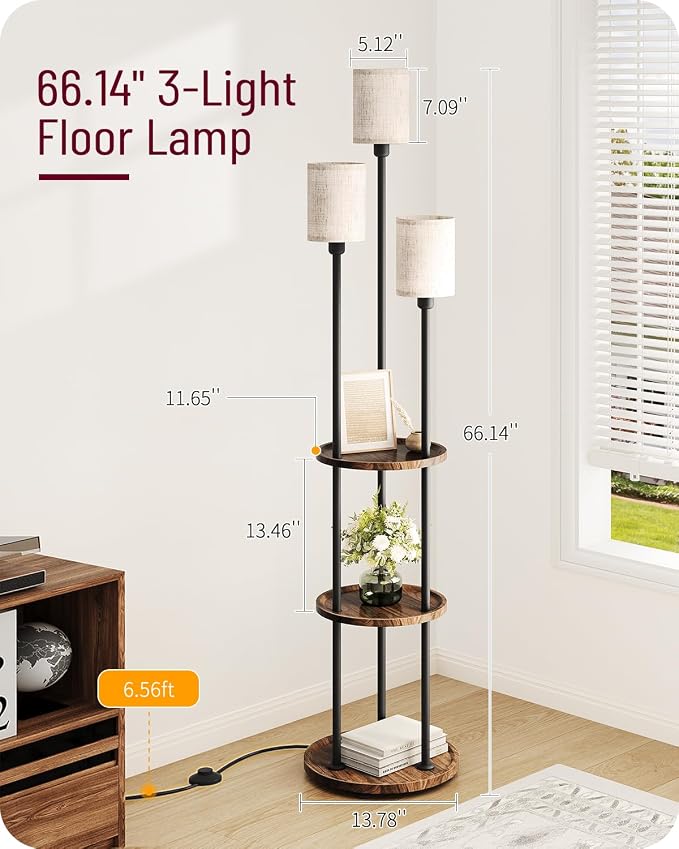 Floor Lamp with Shelves, 3-Light Floor Lamps for Living Room, Modern Standing Lamp with Linen Shades and Foot Switch, 66.1'' Tall Corner Lamp for Bedroom, Office, E26 Base, Walnut and Beige
