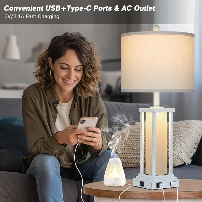 27" Tall Vintage Table Lamp Set of 2 with USB C+A & Outlet,Nightstand Lamp for Living Room,Bedside Lamps with Frosted Glass Night Light for Bedroom Entryway,White