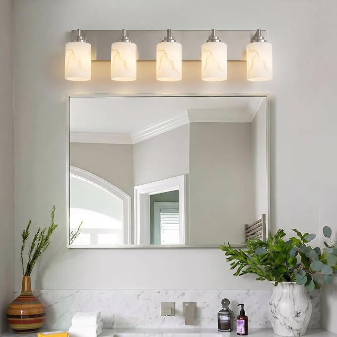5-Light Bathroom Light Fixture, Brushed Nickel Modern Vanity Light with White Marble Glass Shade, for Bathroom Mirror, Living Room, Bedroom, Hallway, E26 Base, Extended Base
