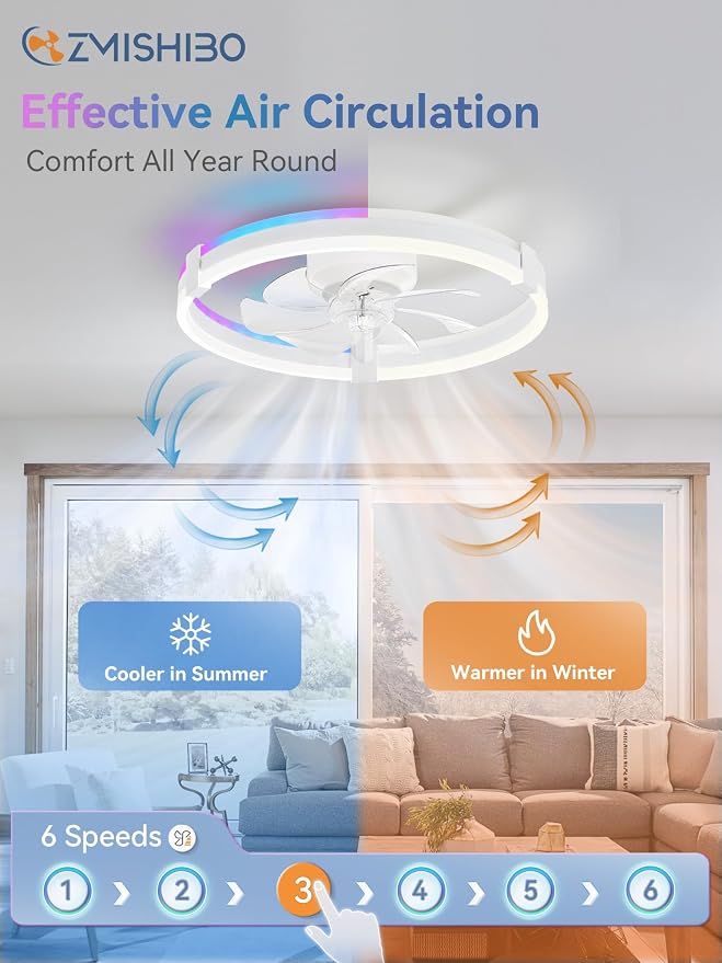 ZMISHIBO 20" RGB Low Profile Ceiling Fans with Lights and Remote, White | Custom RGB+3CCT Dimmable, 6 Speeds, Remote/App Control, Reversible DC Motor, Memory, Timer, Modern Fandelier for Kids/Bedroom