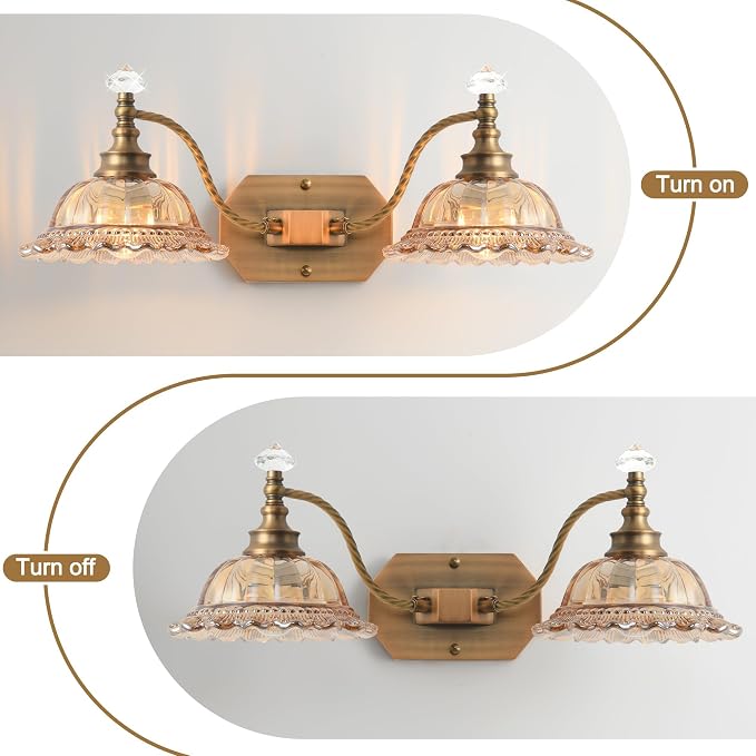Vintage Bathroom Light Fixtures, 2 Light Brass Vanity Lights with Champagne Crystal Glass Flower Shade, Retro Wall Sconce for Bedroom, Living Room, Hallway