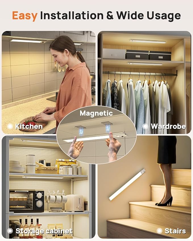 16inch Under Cabinet Lights, LED Motion Sensor Light Indoor, 4000mAh Rechargeable Closet Light with Remote, 3 Color Temps Magnetic Wireless Under Counter Lights for Kitchen, Stair, Pantry, 2 Pack