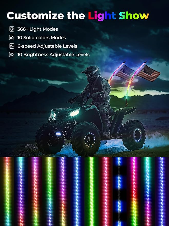 KEMIMOTO 2pc 5ft Bluetooth UTV Whip Lights, Turning Signal Function Compatible with Polaris RZR Can-Am Maverick X3, APP Control LED Whip Lights for Side by Side ATV Buggy Boat Offroad