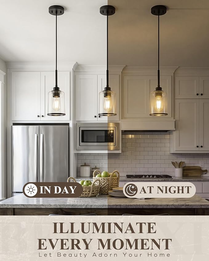 Beionxii 3 Pack Pendant Lights Kitchen Island, Clear Glass Pendant Lights | Matte Black Finish, E26 Base, UL Listied, Adjustable Hanging Height for Living Dining Rooms Bedrooms Foyers, BX-PL02MB-3CG
