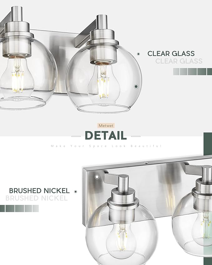 Bathroom Light Fixtures, 8 Light Brushed Nickel Vanity Light, 52 Inch Modern Wall Sconces with Globe Clear Glass Shade, Vanity Lighting Fixtures Over Mirror, VL195-BN-8