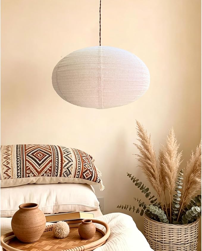 Linen Pendant Light Shade 20 Inches Oval Hanging Lamp Shade | Off-White Hanging Lampshade Can replace Paper Lanterns Handmade Fabric Light Covers Home Decor Ceiling Lampshade