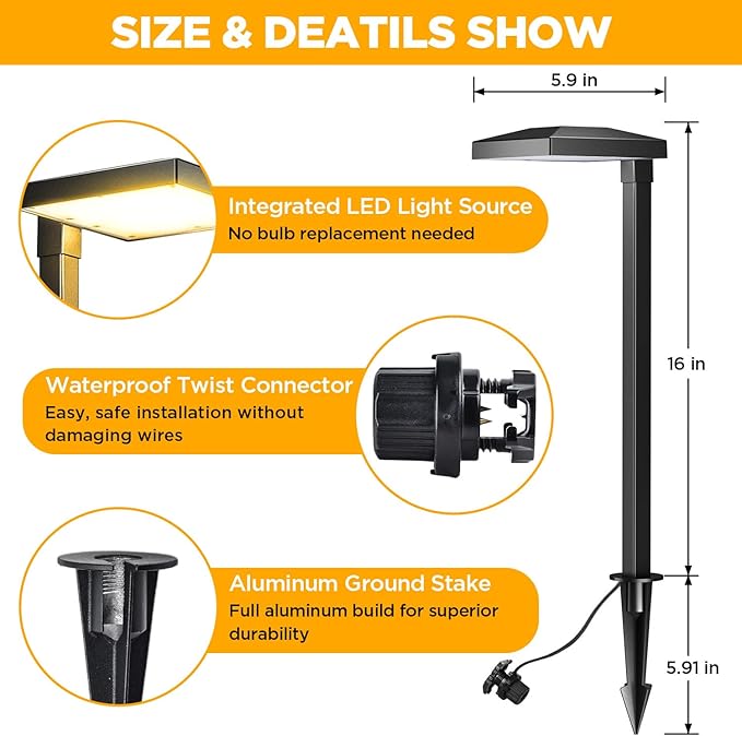 LUTEC 2 Pack Low Voltage Pathway Lights, Aluminum 12V Landscape Lighting with Connectors，IP65 Waterproof Anti-Glare Wired LED Pathway Lights, 5W 500LM Warm White 3000K for Pathway, Yard, Garden