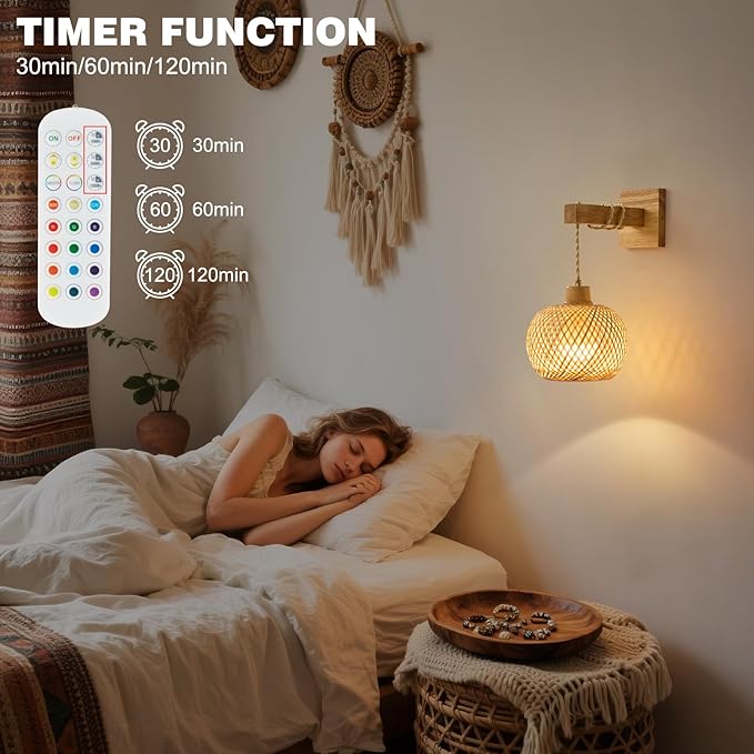 Bamboo Battery Operated Wall Sconces Set of 2, Rechargeable Rattan Cordless Battery Powered Wall Lights/Lamps with Remote, Woven Boho Wireless Decor Lighting Fixture for Living Room Bedroom