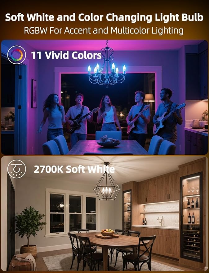 HEKEE E12 B11 LED Candle Light Bulbs, Color Changing, C37 40W Incandescent Equivalent, 450 Lumen, RGB + 2700K Warm White, 5Watt, 12 Colors, 2 Modes, Timer, Remote Control(10 Pack)