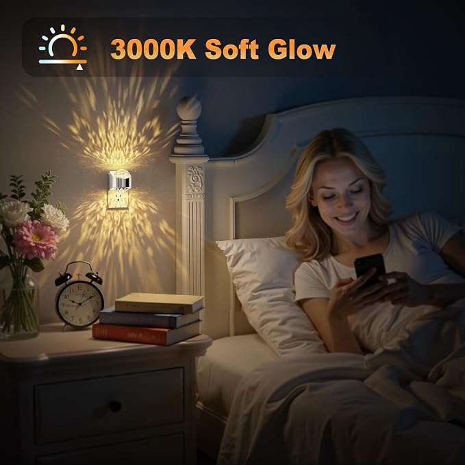 JandCase Night Lights Plug into Wall, 2 Pack Star Projector Night Light | 3000K Soft White, Automatic Galaxy Nightlight Plug in with Light Sensor for Bathroom Hallway Room Decor