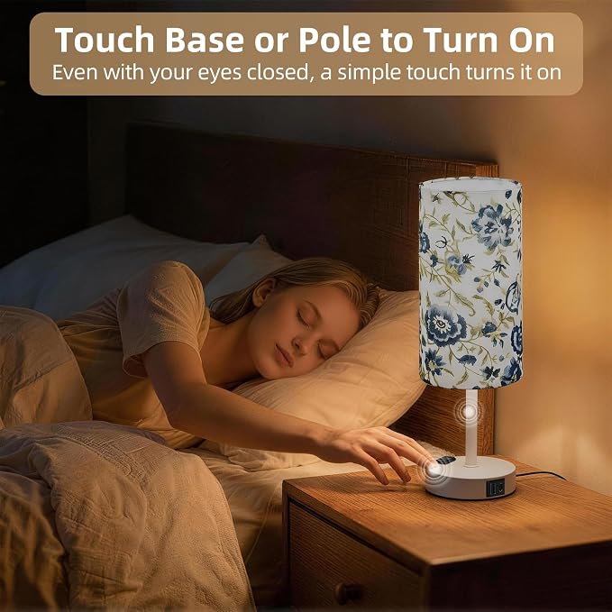 Table Lamp for Nightstand, High-Sensitivity Touch, 3-Level Dimmable Bedside Lamp with AC Outlet | USB | and USB-C, Ideal Night Stand Lamp for Bedroom (1, Printed&White)