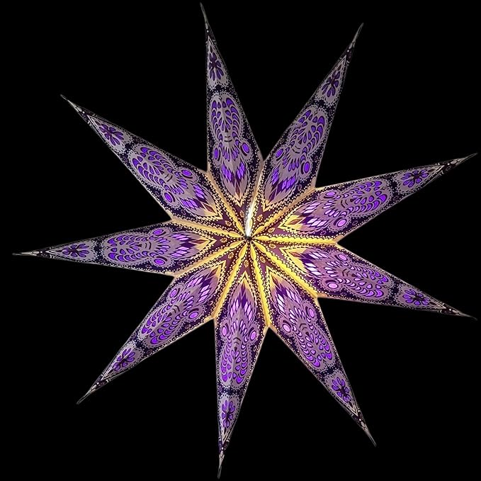 Lantern Lampshade 9 Pointed Paper Star Light Shades Large 60cm Star Hanging Decorations for Christmas Wedding Home Decoration Birthday Party (Glitter Purple)