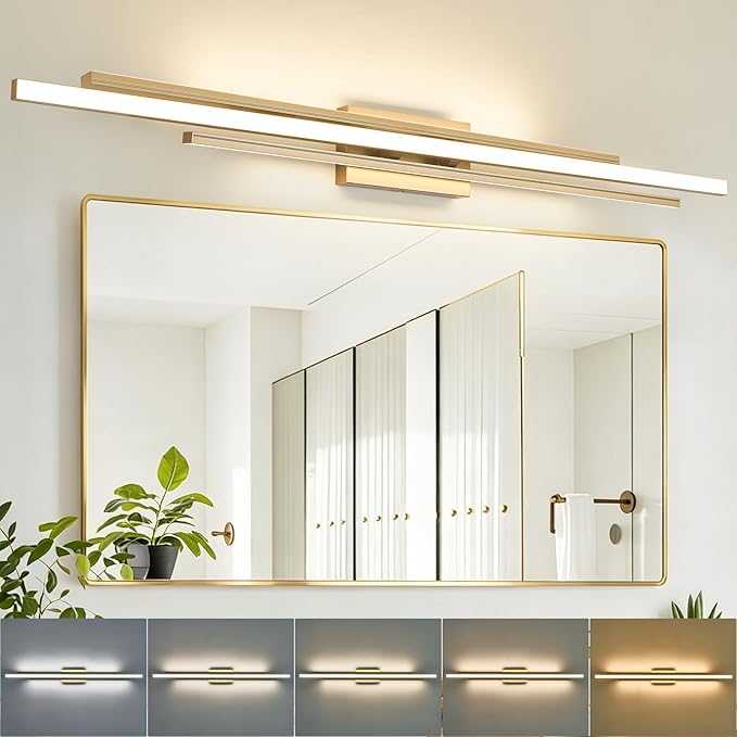 VitaLink 48" Gold LED Bathroom Light Fixtures Long Vanity Lights Over Mirror Lighting Lamps Wall Mount Lighting Over Vanity Picture Indoor 5CCT(3000K/3800K/4500K/5200K/6000K)
