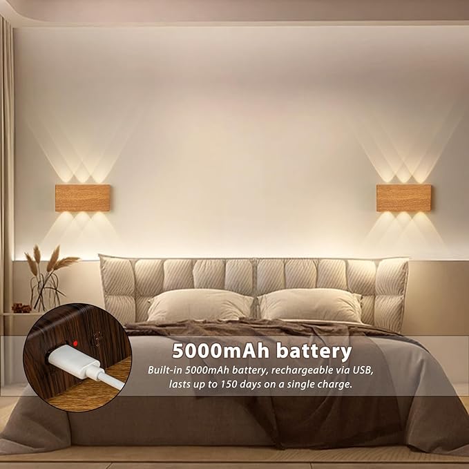 Shelprojsu LED Magnetic Wall Sconce Lights,5000mAh Wireless Bedside Wall Light USB Rechargeable Reading Wall Lamp,3 Lighting Colors and Dimmable Battery Operated Wall Sconces (Wood Color, 1 pcs)