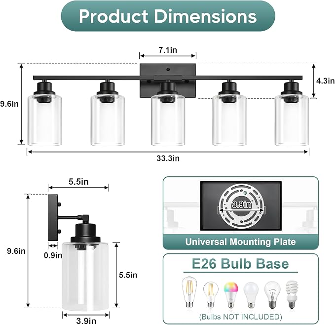 Ascher Bathroom Light Fixtures, 5-Light Vanity Light Over Mirror, Matte Black Wall Sconces with Clear Glass Shades, Wall Lamp for Living Room Bedroom, E26 Base(Bulbs Not Included)