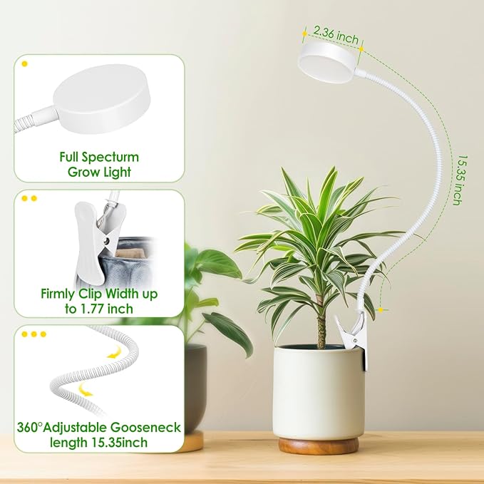 LORDEM Small Pot Clip Grow Light, Full Spectrum LED Plant Grow Lamp for Indoor Growing, Auto On/Off Timer 4/8/12H, Plant Light with 4 Dimmable Brightness Levels, Ideal for Small Indoor Plants, 2 Pack
