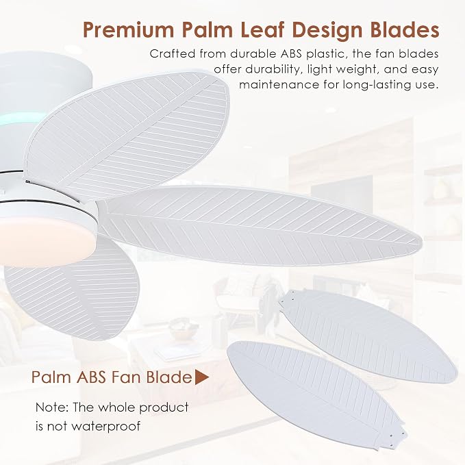 Tropical Palm Leaf RGB Ceiling Fans with Lights 46”, White Flush Mount Ceiling Fan with Light and Remote, 3CCT Dimmable LED&&Side RGB Light, Reversible 6 Speeds, Quite Low Profile Ceiling Fan Party