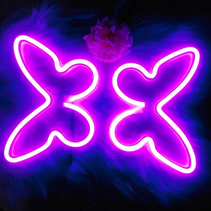 Neon Butterfly Signs 2 Pieces Purple, LED Lights for Wall Office Dorm Wedding Birthday Party Room Decor, Teen Girls Decorations, USB or 3-AA Battery Powered