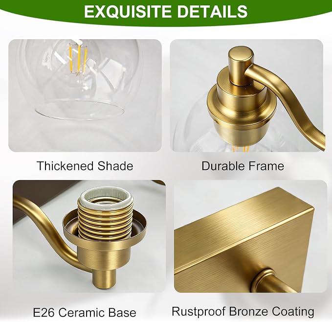 IZORRO Bathroom Light Fixtures, 2-Light Brushed Gold Vanity Light, Modern Wall Sconces with Globe Clear Glass Shade, Vanity Lighting Fixtures Over Mirror,E26 Bulb Socket