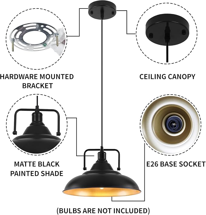 Black Pendant Light, Large Black and Gold Pendant Light 15.7" 3 Packs, Farmhouse Pendant Light, Island Pendant Lights, Kitchen Pendant Lights, Pendant Lights for Kitchen, Living Room