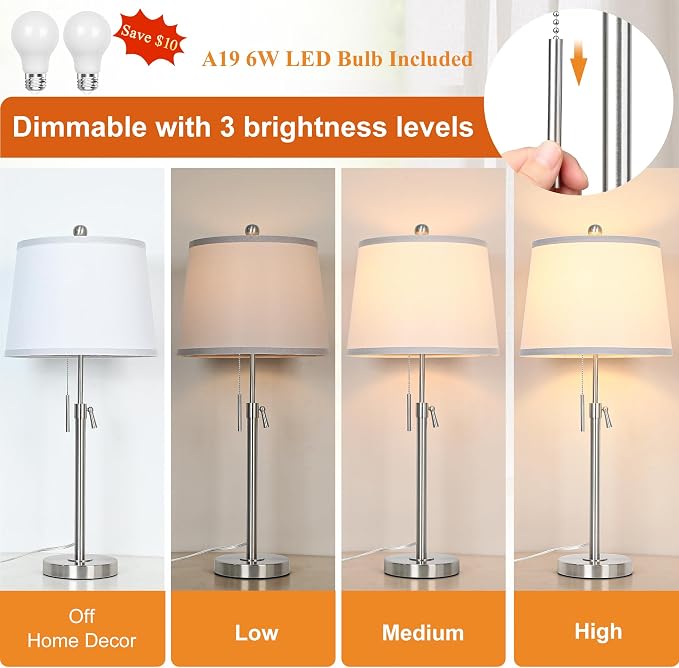 Brushed Nickel Modern Table Lamps Set of 2 Adjustable Height 22" to 30" Silver Nightstand with White Linen Shade 3 Brightness Way Pull Chain Switch Bedside Lamps for Living Room Office(Bulbs Included)