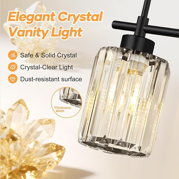 Matte Black 4-Light Crystal Bathroom Vanity Light, Modern Bathroom Light Fixture Over Mirror, Black Vanity Lighting for Bathroom, Bulbs Not Included