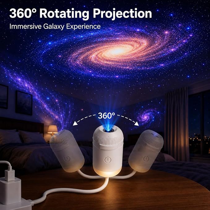 2-in-1 Galaxy Projector Night Light, USB LED Starry Sky Projector | 360 Rotation, Adjustable Brightness Films, for Bedroom Ceiling Room Car Decor