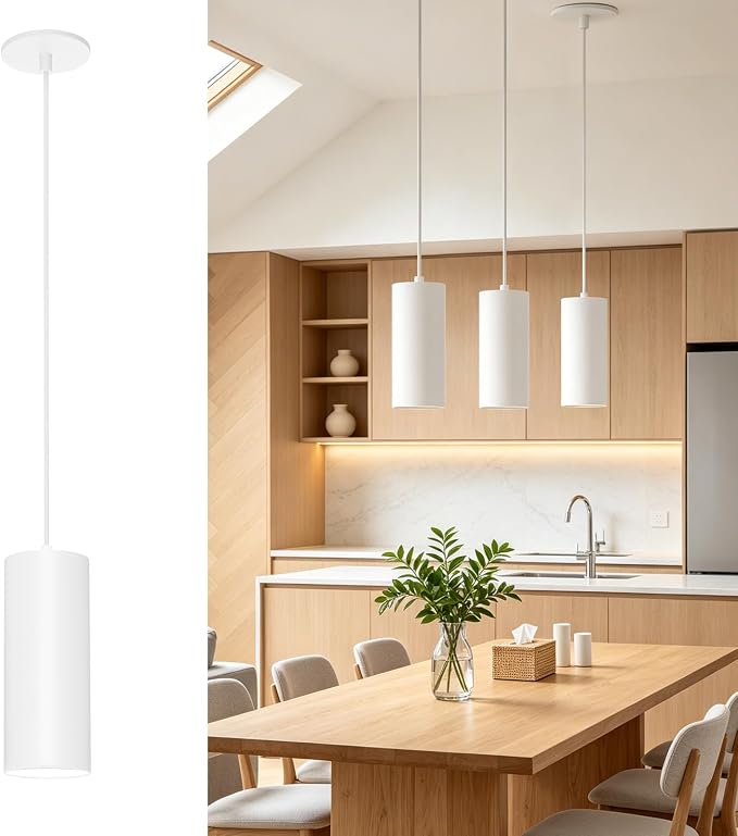 3.43" Pendant Lights Kitchen Island, 25W Cylinder Hanging Lights with Dipswitch, Modern Eye Care Led Pendant Lamp fixtures for Bedroom, Living Room, Office (White, 3.43 Inch 1 Pcs)