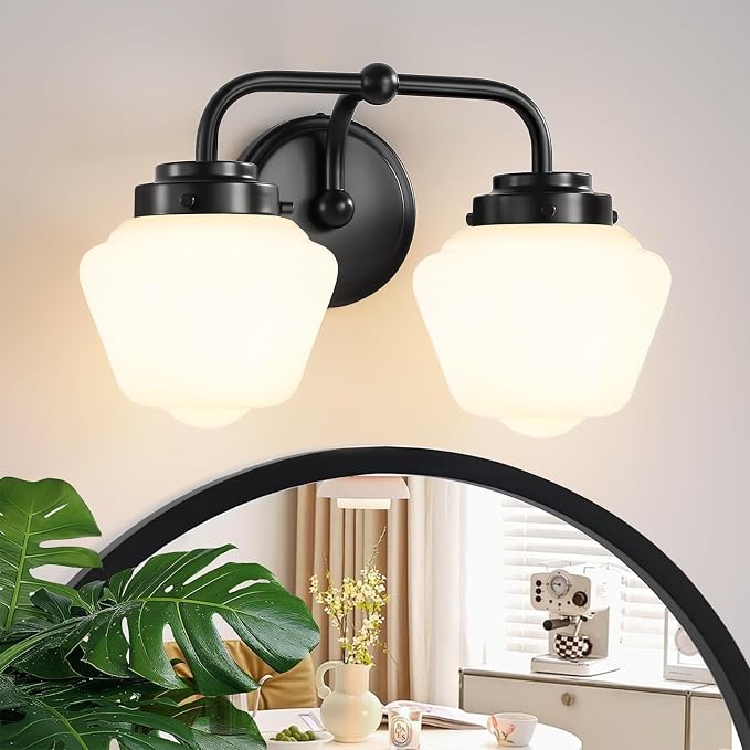 RUIYEY Bathroom Vanity Light Fixtures: 2-Light Black Bathroom Lighting Fixtures Over Mirror with Milky White Frosted Glass Shade, Farmhouse Modern Wall Light for Bath
