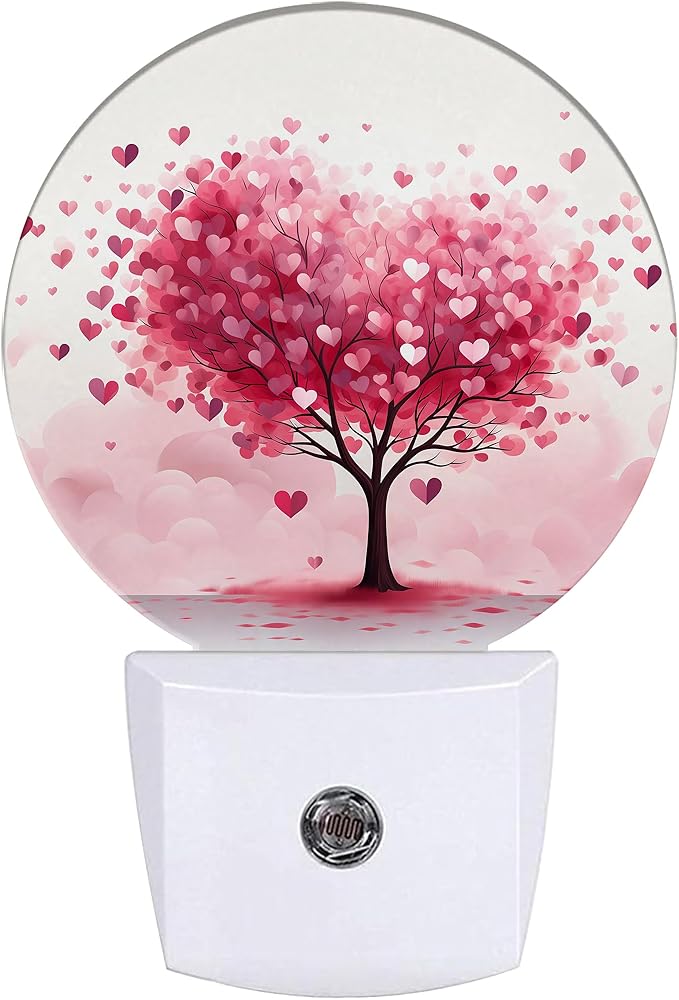 Tree Night Light,Pink Heart Night Lights Plug into Wall for Kitchens Toilets Bedroom Decorative Half Round Nightlight Led Lamp 0.5W Sleep Friendly