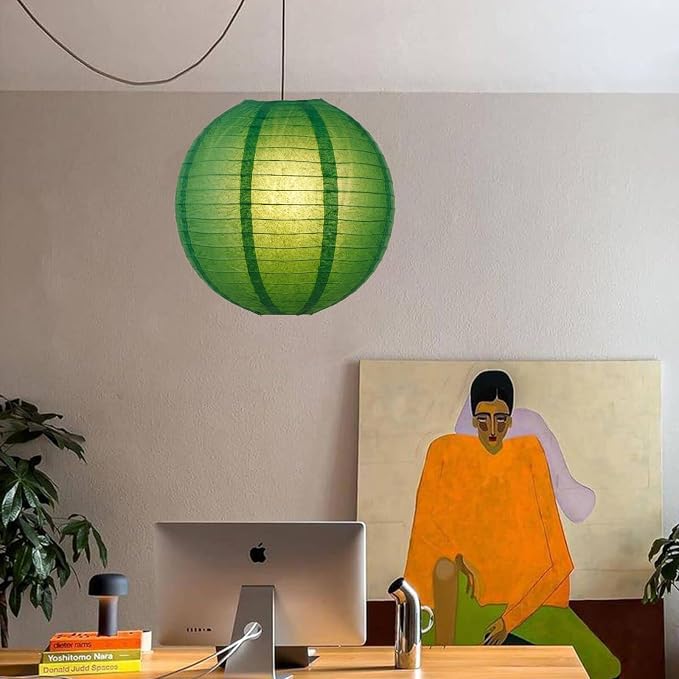 12 Inch Plug-in Paper Lantern Green Pendant Light, Rice Paper Lamp | Japanese Wabi-Sabi Light, 4.5M/15FT Adjustable Cord, E26 Socket, Soft Diffused Light for Bedroom, Dining Room & Cafe Decor