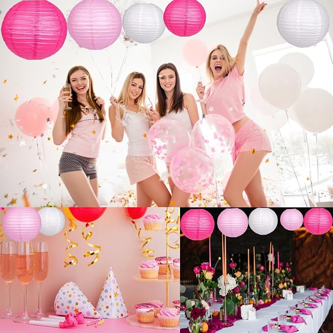 12Pcs Paper Lanterns 6”, 8”, 10”, 12”,Paperlanterns Party Decoration, Pink Paper Lanterns for Wedding, Bridal, Birthday, Outdoor, Home, Garden, Holiday and Party.