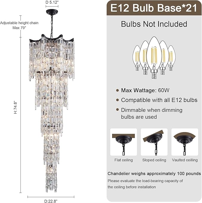 79" Long Crystal Chandelier for High Ceilings, 21-Light Modern Large Foyer Chandelier for Staircase Entryway Living Room, Luxury K9 Crystal Tiered Ceiling Light Fixture Black