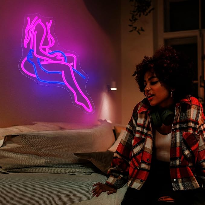 Lady Neon Sign, JGHTURIE Neon Signs for Wall Decor, Pink & Blue Light Up Signs for Room Decor Bar Led Sign for Man Cave, Party, Office, Art Decoration, USB Powered