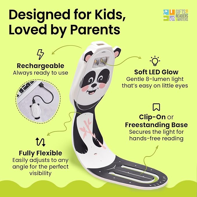 Gifts for Readers & Writers Rechargeable Book Light for Kids, Clip On Reading Light for Bed, 2in1 Flexilight Pals & Bookmark, 12 Hours of Light Once Charged, Includes USB Cable & 2 LED Lights, Panda