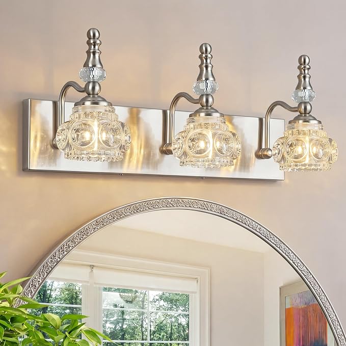 Modern Glass Crystal Vanity Light - Vintage Bathroom Lighting Fixtures Over Mirror, 3 Light Vanity Lights G9 Bulb (19.68 Inch, Nickel)