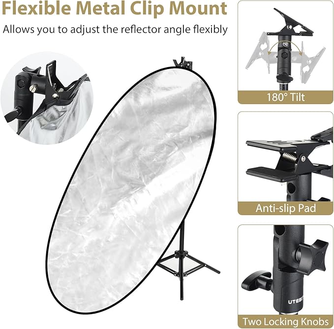 UTEBIT 35"x47"/90x120cm Photography Reflector with Stand & Clamp, 5-in-1 Oval Foldable Reflector with Carrying Bag,Translucent/Silver/Gold/White/Black Photography Reflector for Studio&Outdoor Lighting